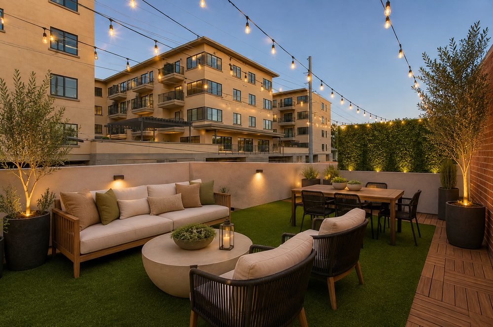 Rooftop patio at dusk