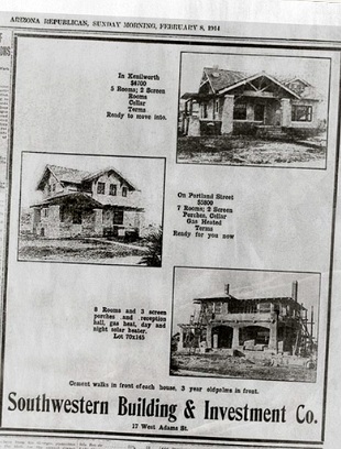 Arizona Republican newspaper real-estate advertisement, February 8, 1914, for homes in the Kenilworth and Portland Street areas of what is now the Roosevelt Historic District