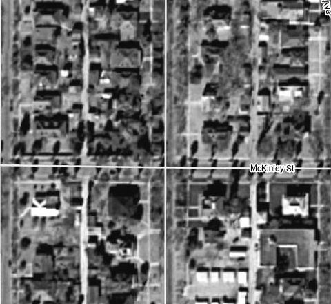 Aerial photo of the same corner in January 1930, with houses on the lot