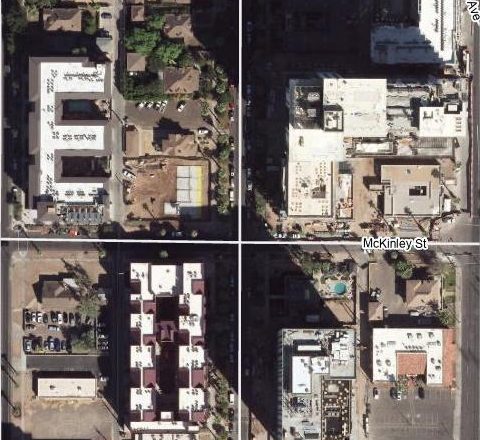 Aerial photo of 2nd Avenue and McKinley Street in fall 2024, with foundations on the corner lot