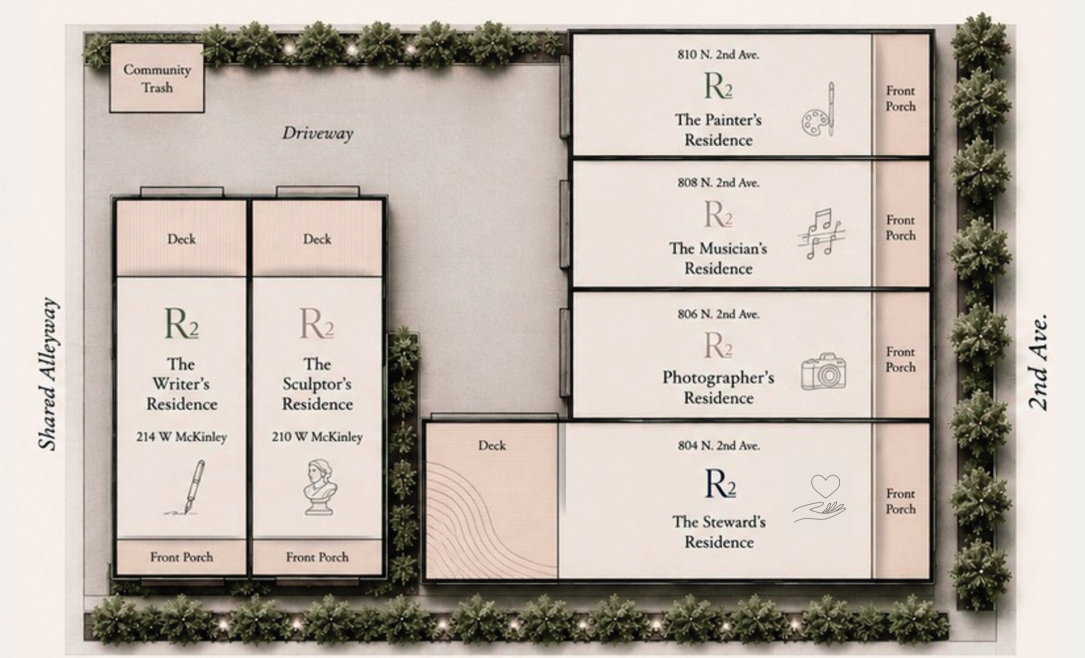 Site plan of Residences on 2nd — six townhomes along N 2nd Ave and W McKinley St, Roosevelt Historic District